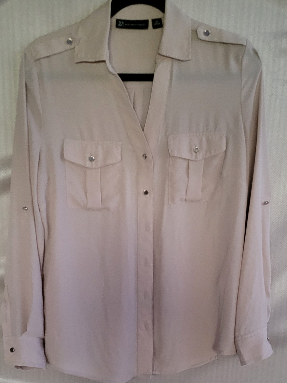 New York & Company Beige Button-Front Utility Women's Casual Blouse